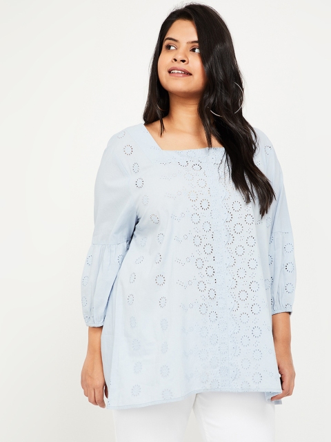 

nexus Plus Size Women Blue Schiffli Embroidered Top