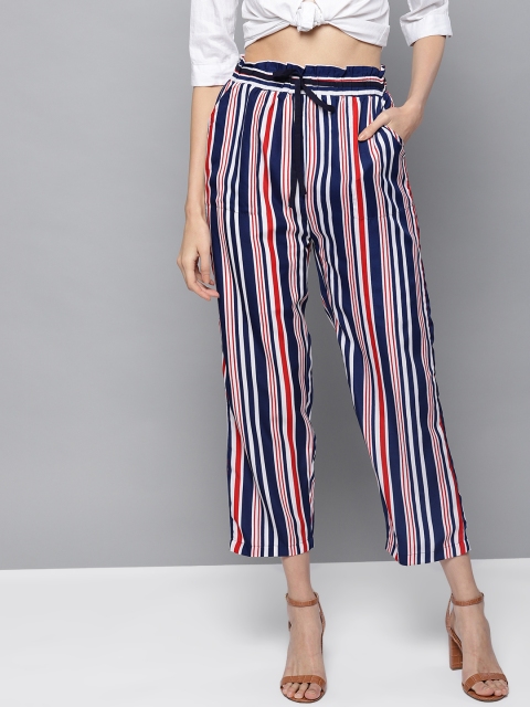 

Trend Arrest Women Navy Blue & Red Loose Fit Striped Regular Trousers