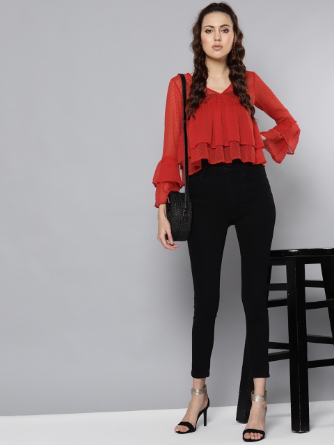 

Trend Arrest Women Rust Red Semi-Sheer Dobby Weave Layered Top