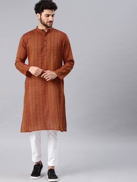 

Svanik Men Rust Brown & Maroon Striped Straight Handloom Kurta