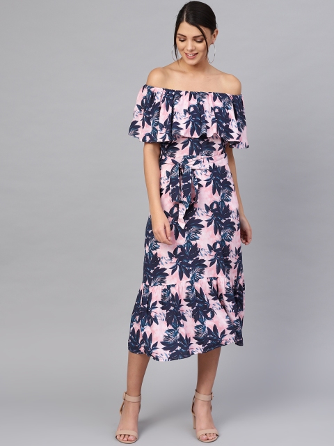 

Femella Women Pink & Teal Blue Off-Shoulder Tropical Printed A-Line Dress