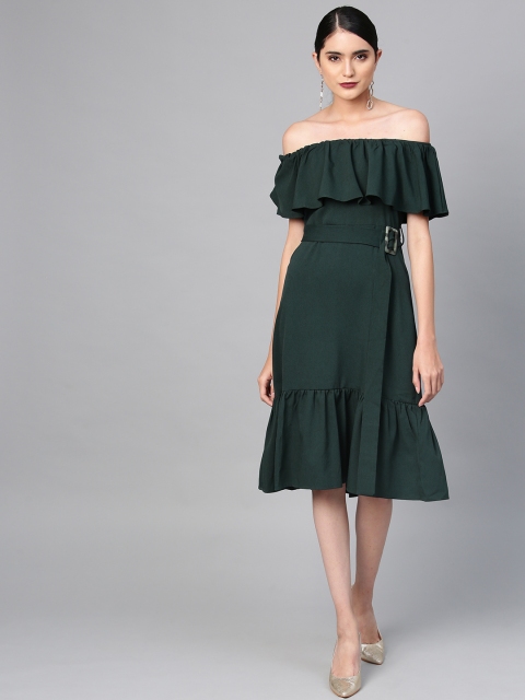 

Femella Women Green Off-Shoulder Solid A-Line Dress
