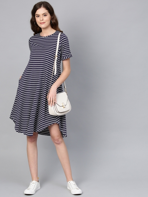 

Femella Women Navy Blue & White Striped A-Line Dress