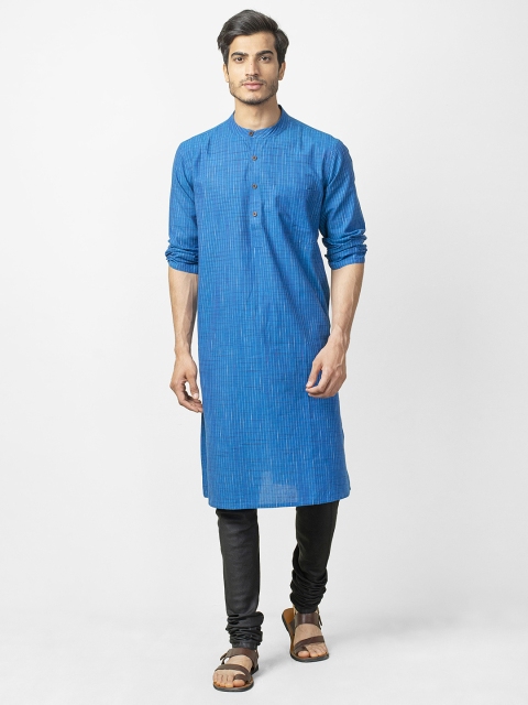 

Fabindia Men Blue & Off-White Self-Striped Comfort Fit Straight Kurta