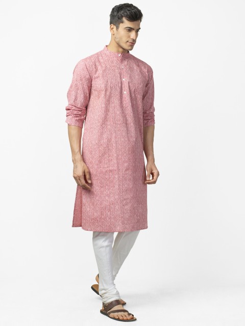 

Fabindia Men Pink & Off-White Handblock Khari Print Comfort Fit Straight Kurta