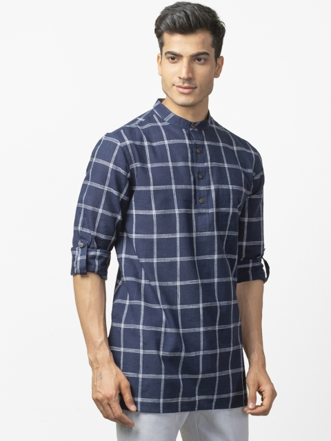 

Fabindia Men Navy Blue & White Checked Straight Kurta