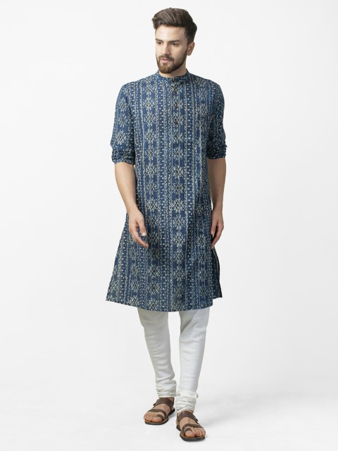 

Fabindia Men Navy Blue & Beige Handblock Print Comfort Fit Straight Kurta