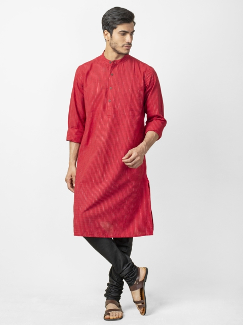 

Fabindia Men Red & Off-White Self-Striped Comfort Fit Straight Kurta