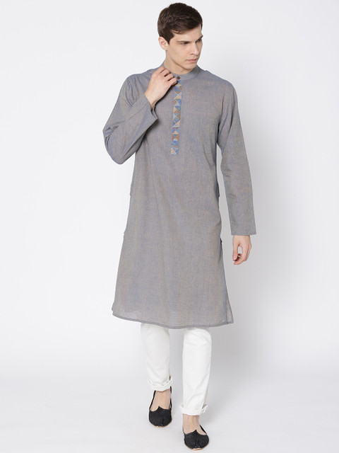 

Fabindia Men Grey & Blue Dual-Toned Solid Comfort Fit Straight Kurta