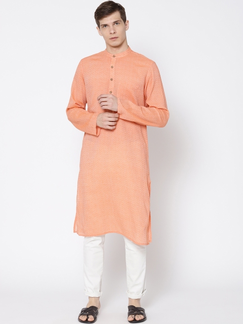 

Fabindia Men Peach-Coloured Woven Design Slim Fit Straight Kurta