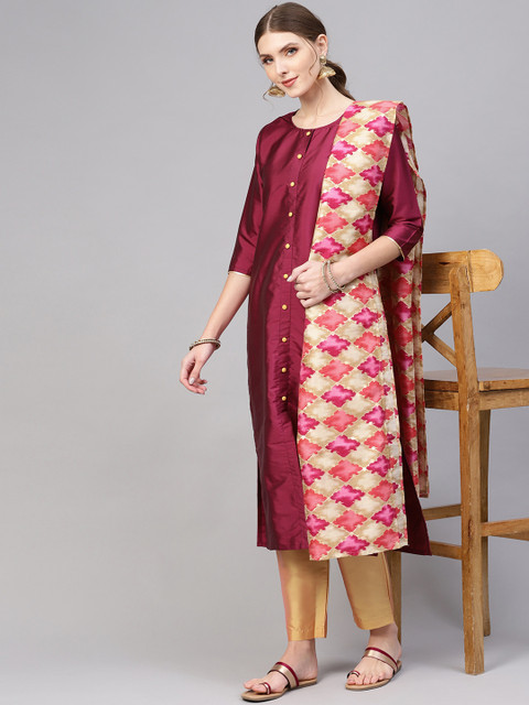 

AASI - HOUSE OF NAYO Women Magenta & Golden Solid Kurta with Trousers & Dupatta