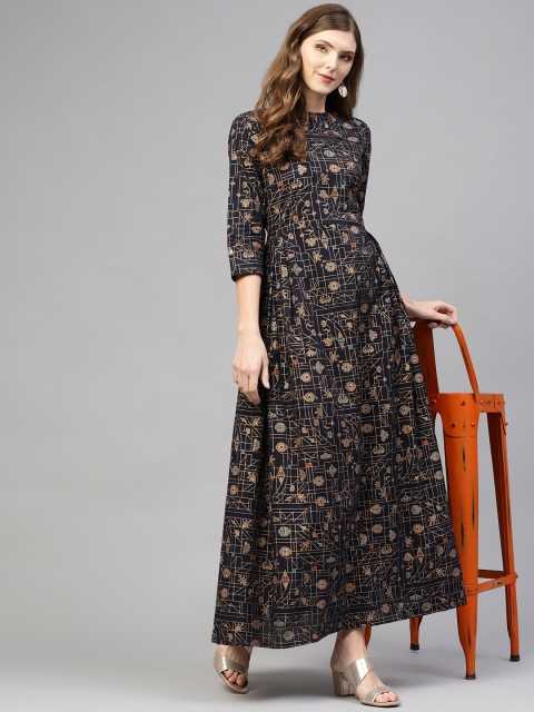 

AASI - HOUSE OF NAYO Women Navy Blue & Golden Printed Maxi Dress