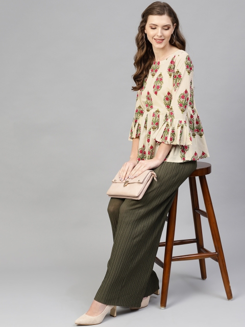 

AASI - HOUSE OF NAYO Women Cream-Coloured & Pink Printed A-Line Pure Cotton Top