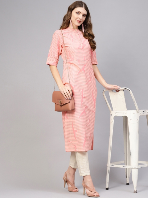 

AASI - HOUSE OF NAYO Women Pink & Off-White Striped Cotton Straight Kurta