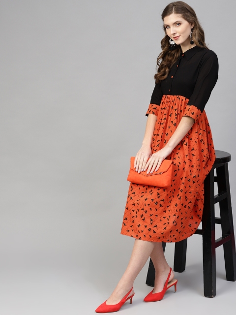 

AASI - HOUSE OF NAYO Women Black & Orange Printed A-Line Dress