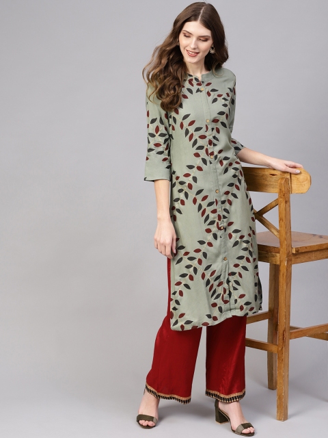 

AASI - HOUSE OF NAYO Women Olive Green & Maroon Floral Printed Straight Kurta