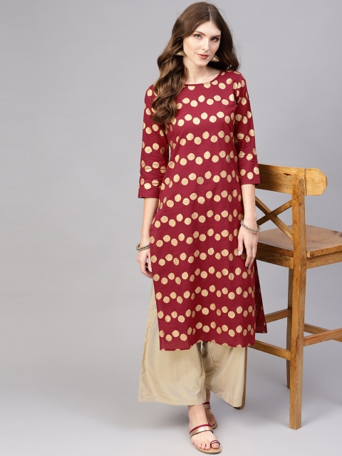 

AASI - HOUSE OF NAYO Women Maroon & Golden Printed Straight Kurta