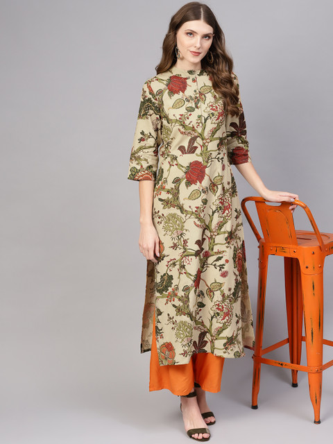 

AASI - HOUSE OF NAYO Women Beige & Olive Green Printed Cotton Straight Kurta