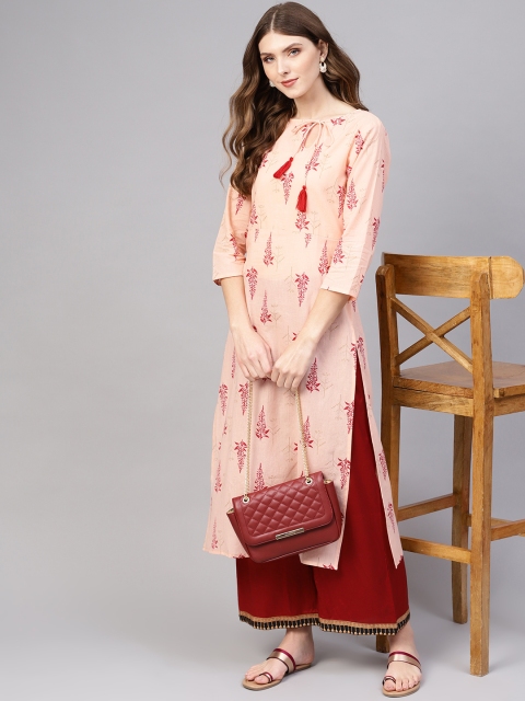 

AASI - HOUSE OF NAYO Women Peach-Coloured & Red Floral Print Straight Kurta