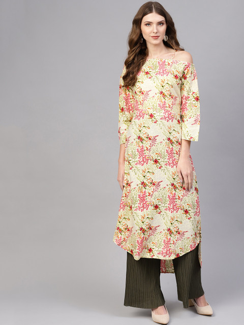 

AASI - HOUSE OF NAYO Women Cream-Coloured & Pink Off-Shoulder Printed Straight Kurta