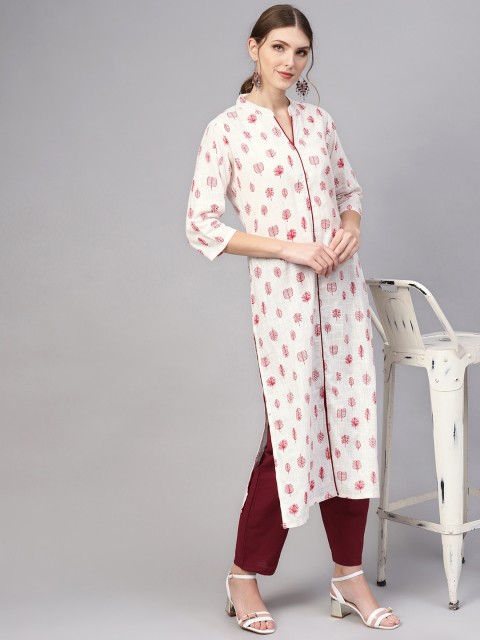 

AASI - HOUSE OF NAYO Women White & Maroon Printed Kurta with Trousers