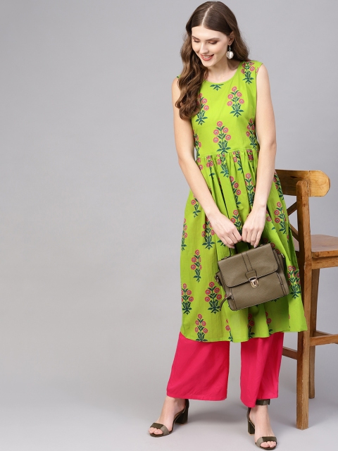 

AASI - HOUSE OF NAYO Women Green & Pink Floral Print Cotton A-Line Kurta