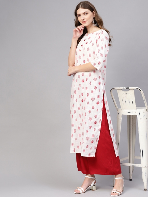 

AASI - HOUSE OF NAYO Women White & Red Floral Print Straight Kurta