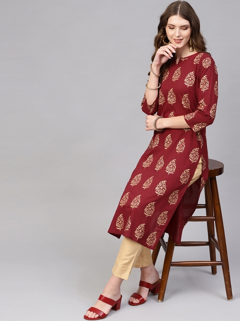 

AASI - HOUSE OF NAYO Women Maroon & Golden Printed Straight Kurta