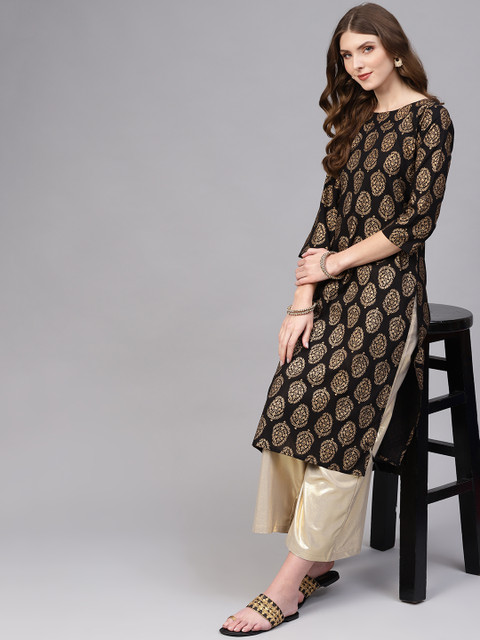 

AASI - HOUSE OF NAYO Women Black & Golden Printed Straight Kurta