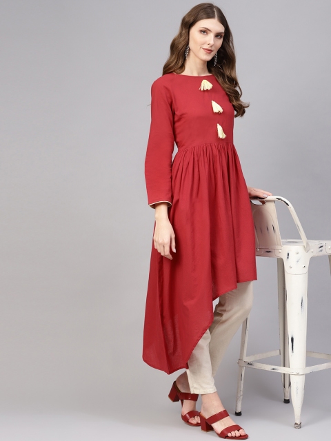 

AASI - HOUSE OF NAYO Women Maroon Solid Cotton A-Line Asymmetric Kurta