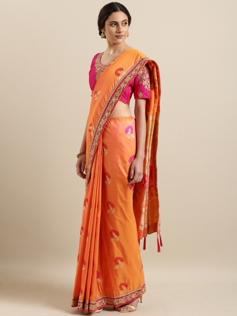 

Kvsfab Orange & Pink Silk Blend Woven Design Saree