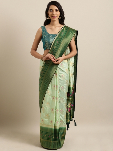 

Kvsfab Women Green & Gold-Toned Silk Blend Woven Design Saree