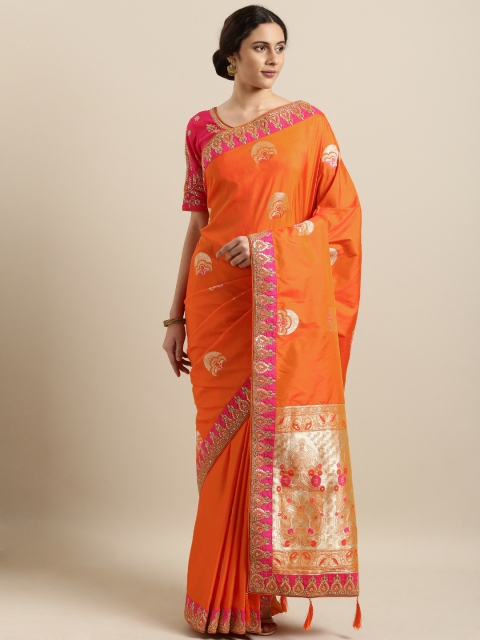 

Kvsfab Orange & Gold-Toned Silk Blend Woven Design Saree