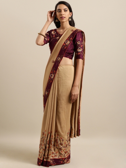 Kvsfab Beige & Burgundy Silk Blend Embroidered Saree