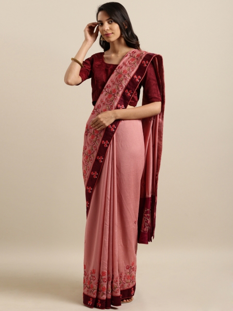 

Kvsfab Peach-Coloured & Maroon Silk Blend Embroidered Saree