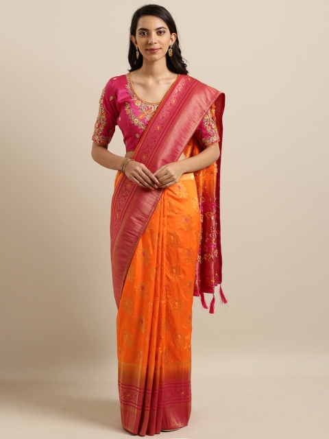 

Kvsfab Orange & Pink Silk Blend Woven Design Saree