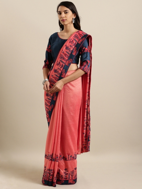 

Kvsfab Peach-Coloured & Navy Blue Silk Blend Embroidered Saree