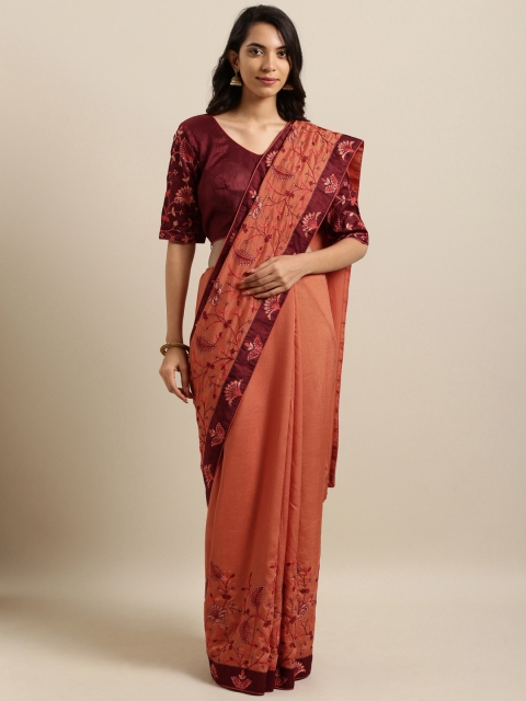 

Kvsfab Orange & Maroon Silk Blend Embroidered Saree