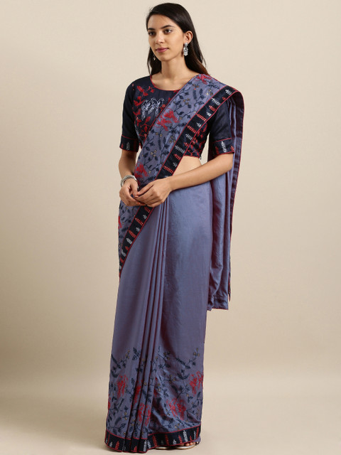 

Kvsfab Grey & Black Silk Blend Embroidered Saree