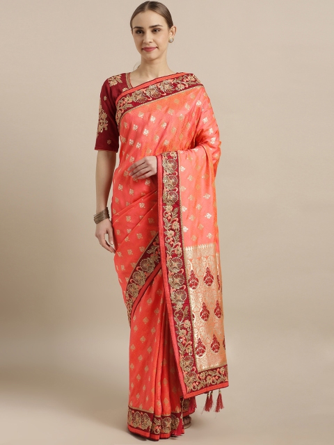 

Kvsfab Peach-Coloured & Golden Silk Blend Woven Design Saree