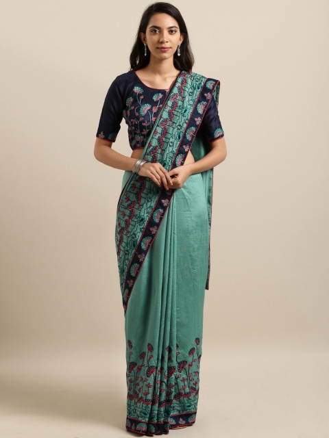 

Kvsfab Turquoise Blue & Black Silk Blend Embroidered Saree