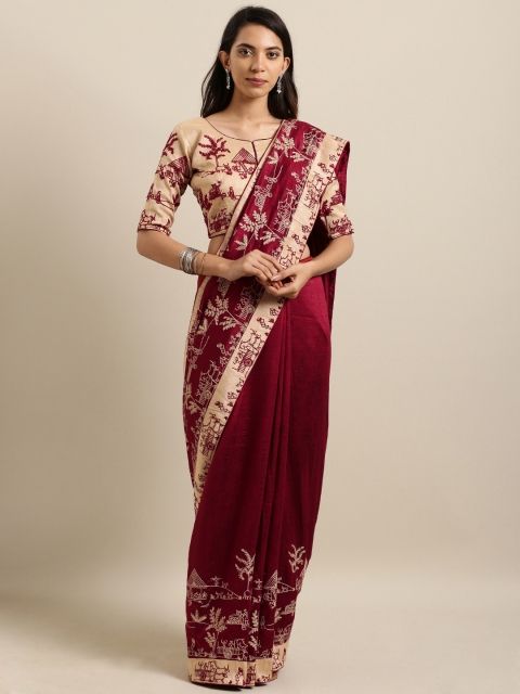 

Kvsfab Maroon & Beige Silk Blend Embroidered Saree