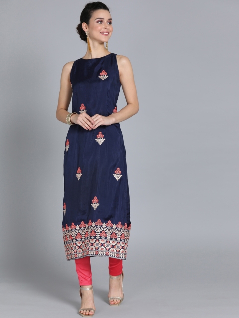 

EthnoVogue Navy Blue & Pink Embroidered Made to Measure Kurta with Churidar