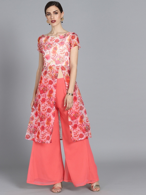 

EthnoVogue Women Peach & Red Printed Made to Measure A-Line Kurta with Palazzos