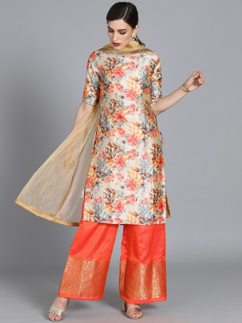 

Bollywood Vogue Women Beige & Orange Printed Made to Measure Kurta with Palazzos & Dupatta