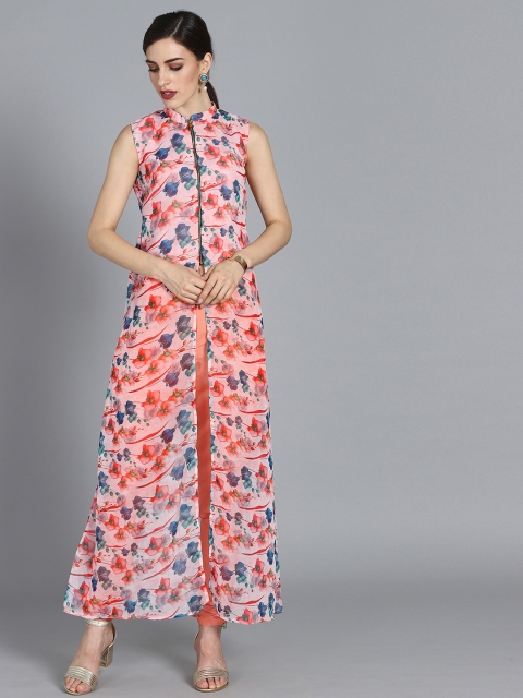 

EthnoVogue Women Peach & Orange Printed Made to Measure A-Line Kurta with Trousers
