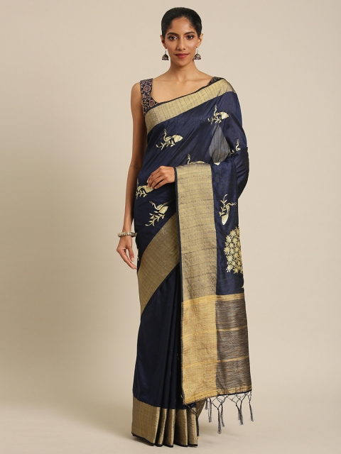 

PACHE Navy Blue & Gold-Coloured Silk Cotton Embroidered Saree