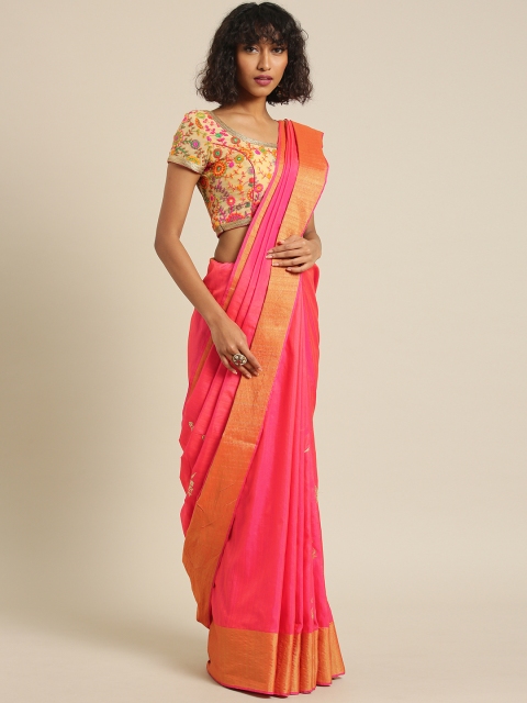 

PACHE Coral Pink Embroidered Silk Cotton Saree