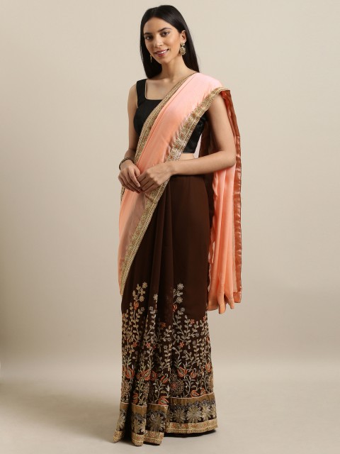 

PACHE Coffee Brown & Pink Art Silk Embroidered Saree