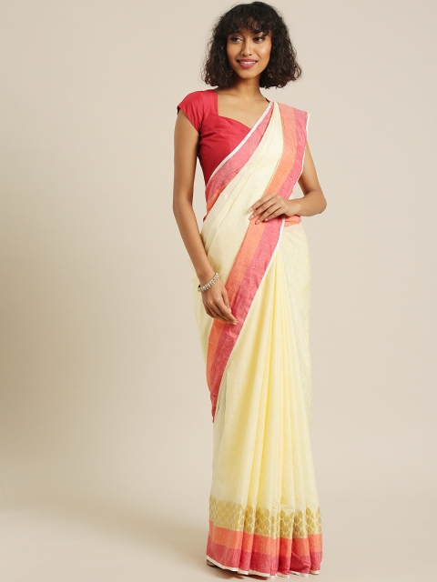 

PACHE Cream-Coloured Solid Pure Silk Saree